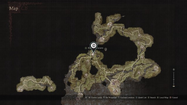 The location of the Hidden Cavern in Dragon's Dogma 2 on the game's map screen.