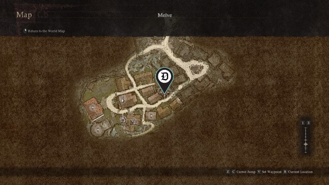 The location of the Melve Swords in Dragon's Dogma, on the map of Melve.