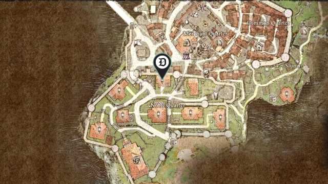 A map of Vernworth in Dragon's Dogma 2 with the location of the Townsend Estate marked.