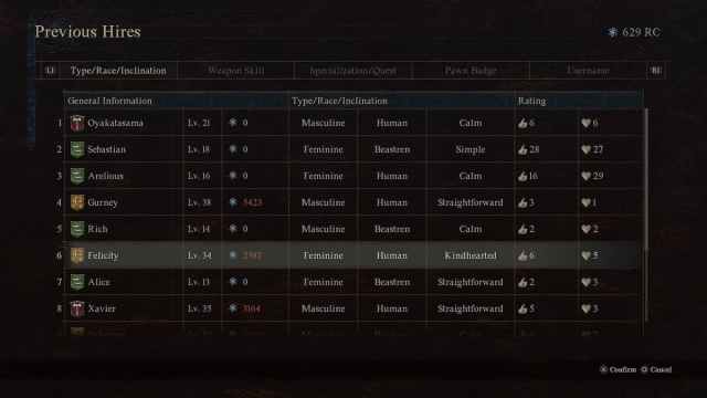 Previous Pawn Hires list in Dragon's Dogma 2