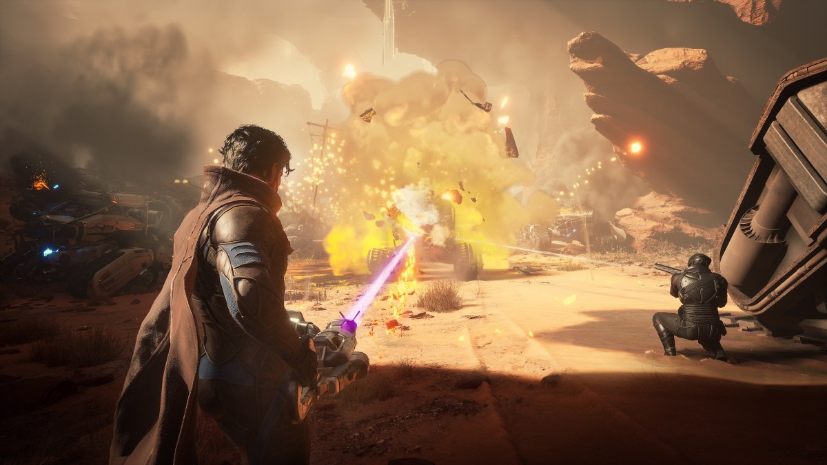 A Dune Awakening player wields a purple gun in battle