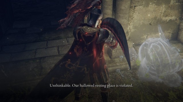 A knight looks down at a prostrating spirit in Elden Ring.
