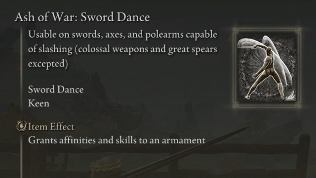 The Sword Dance Ash of War from Elden Ring, depicted on the menu screen.