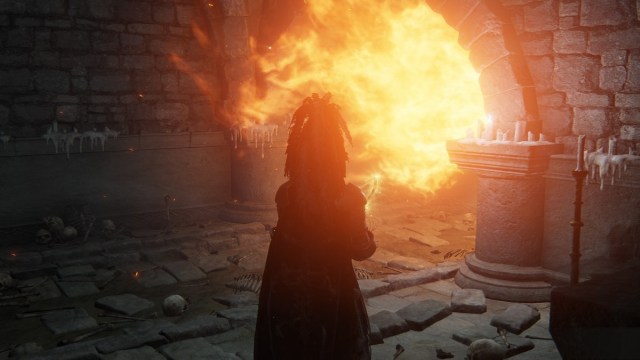 A knight in Elden Ring watches a hallway explode into fire.