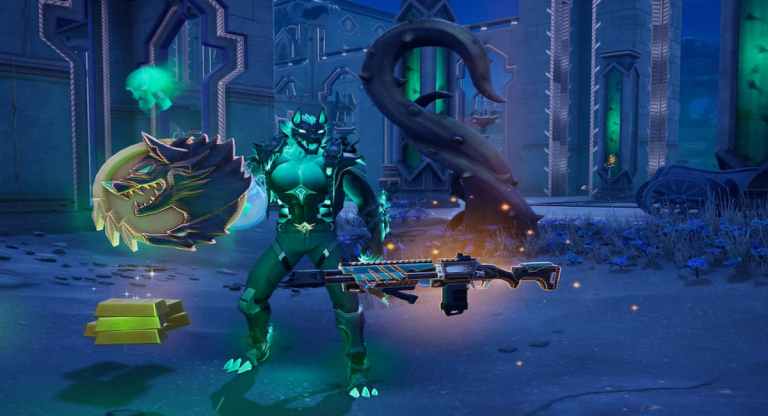 Cerberus Boss in Fortnite with his mythic weapon