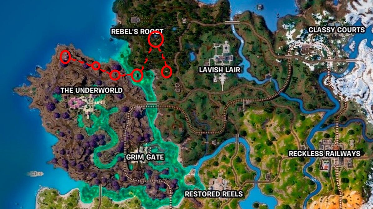 Fortnite chapter 5 season 2 map with loot path outlined