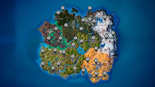 fortnite map with Dot Esports pins outlining each Shadow Briefing computer location