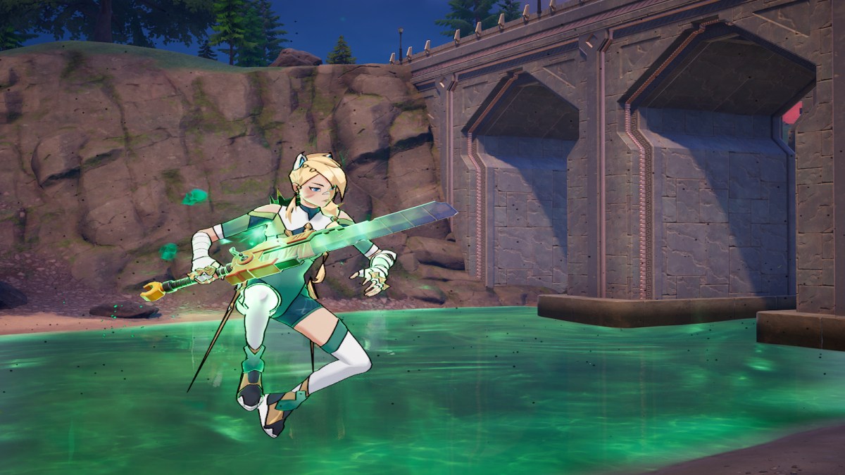 Fortnite character using the River Styx effect and dashing with her pickaxe out.