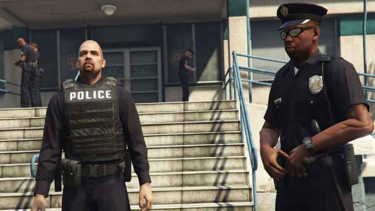 Two Police officers, one Caucasian and one African-American, in GTA Online.