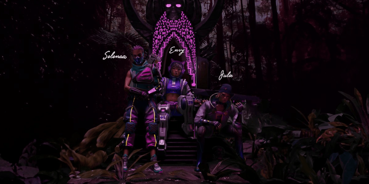 Graphic with three 3d-rendered characters representing the members of Apex Legends team Insomnia