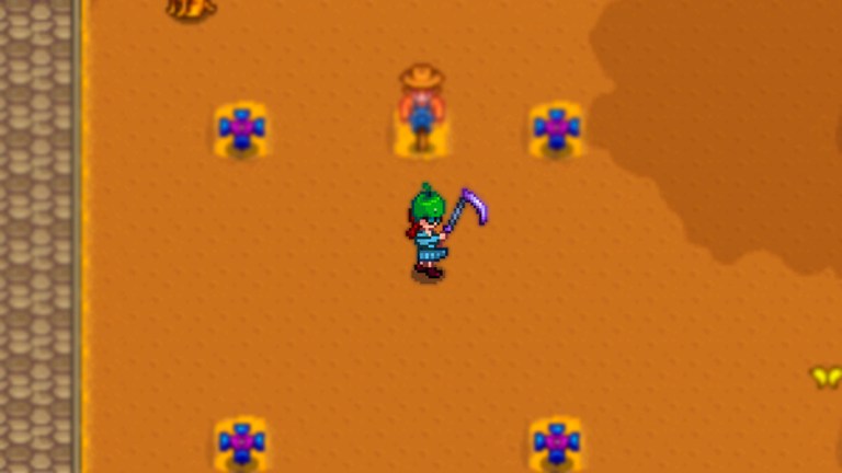 Farmer holding iridium scythe in Stardew Valley