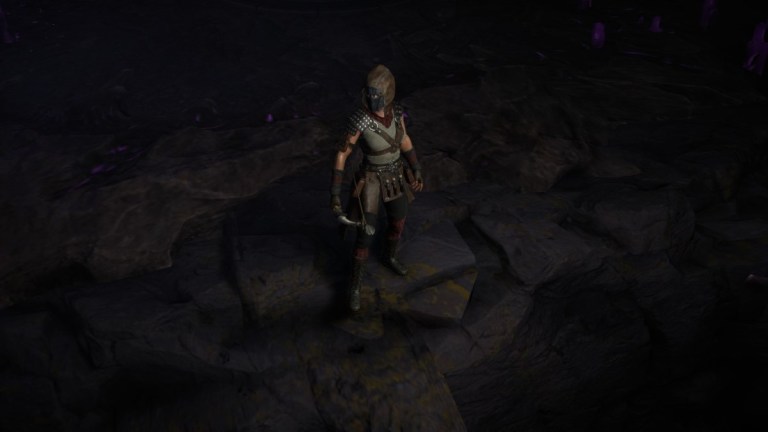 A woman wearing leather armor and a bow stands on a cliff in Last Epoch.