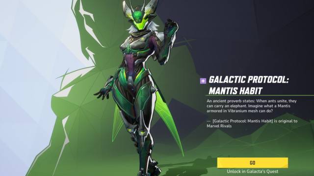 Mantis' Galactic Protocol skin in Marvel Rivals.