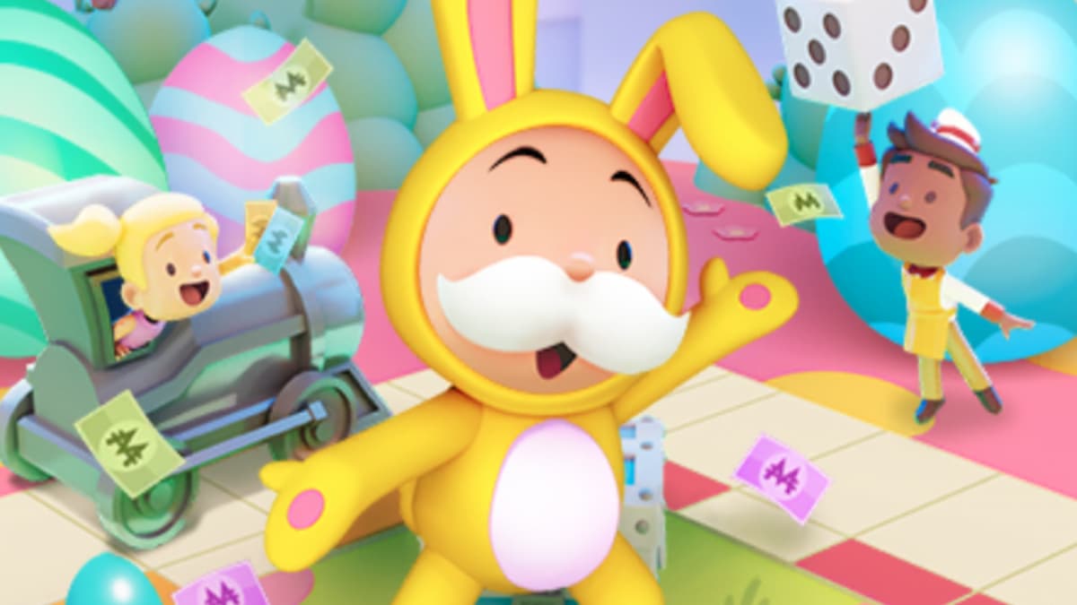 Mr. Monopoly as bunny handing out cash, Dice, and Easter Eggs