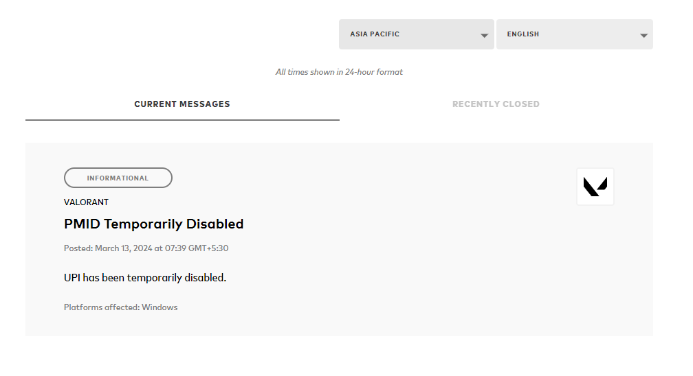 Server notification for PMID disabled in VALORANT
