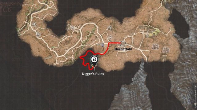 Red line showing path to digger’s ruins cave with Glimmercoal in dragon’s dogma 2