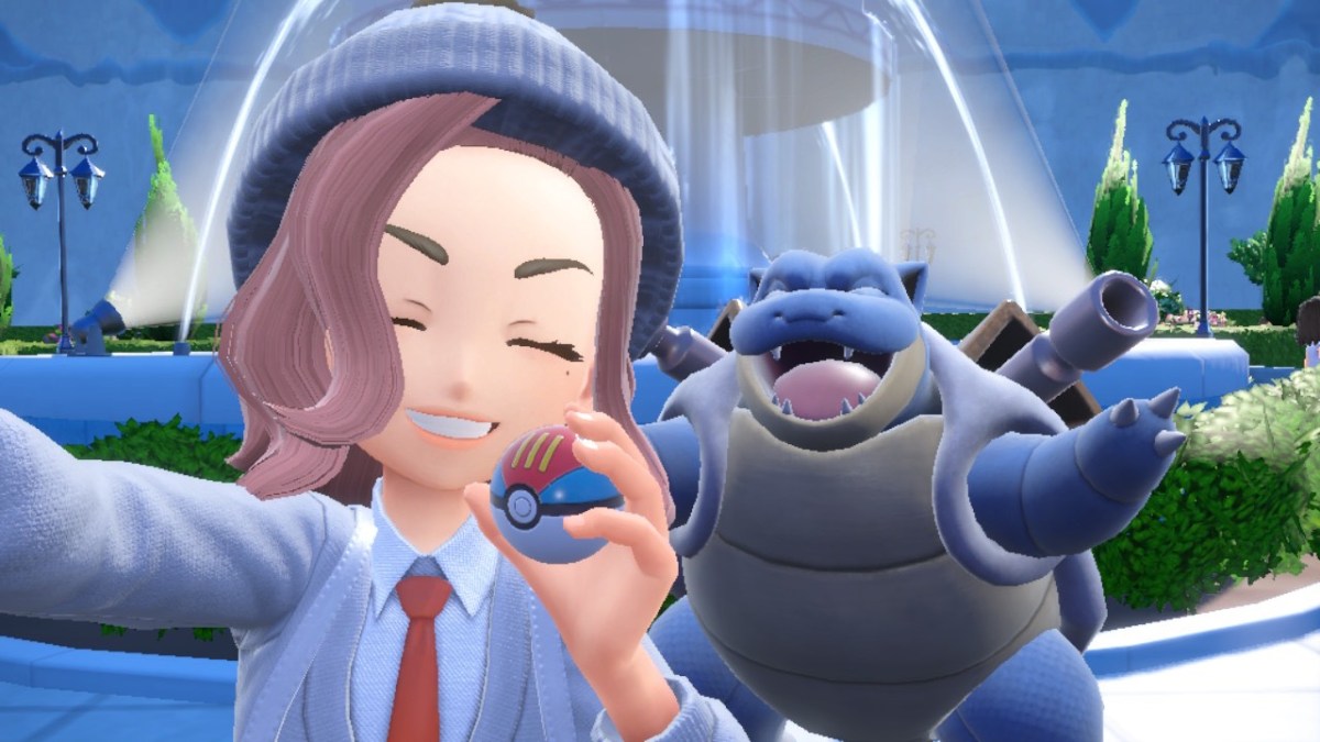 Pokémon trainer taking a selfie with a happy Blastoise in Scarlet and Violet.