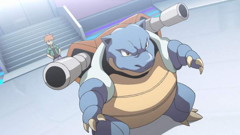 Blastoise looking fierce and ready for battle in the Pokémon anime.