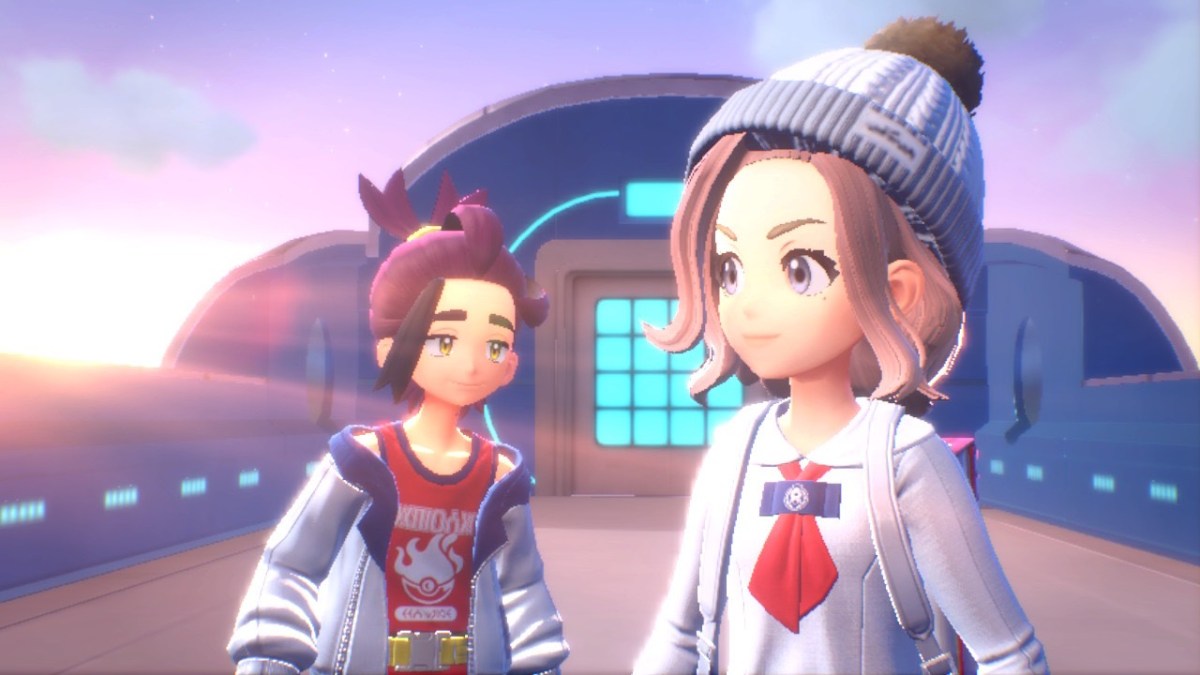 Kieran and the player outside Blueberry Academy at sunset in Pokémon Scarlet and Violet.