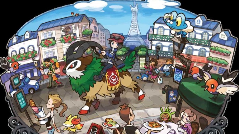 Pokémon trainer riding Gogoat through Lumiose City.