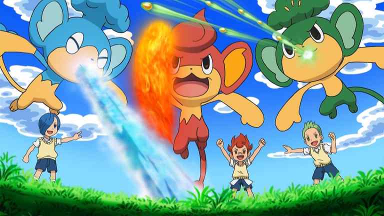 Panpour, Pansear, and Pansage attacking in the Pokémon anime.