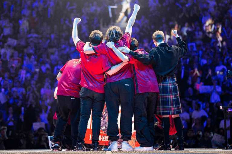 Sentinels celebrate on stage after victory at VALORANT Masters Madrid Grand Finals.