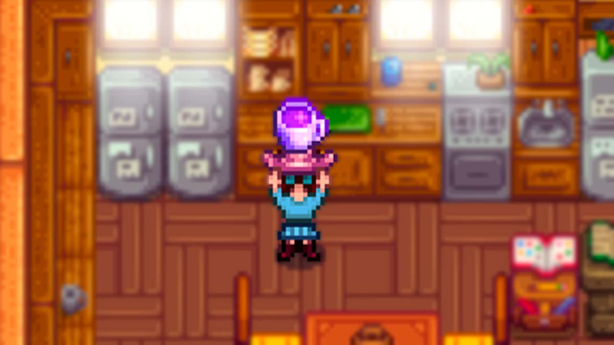 character holding Stardrop Tea in Stardew Valley