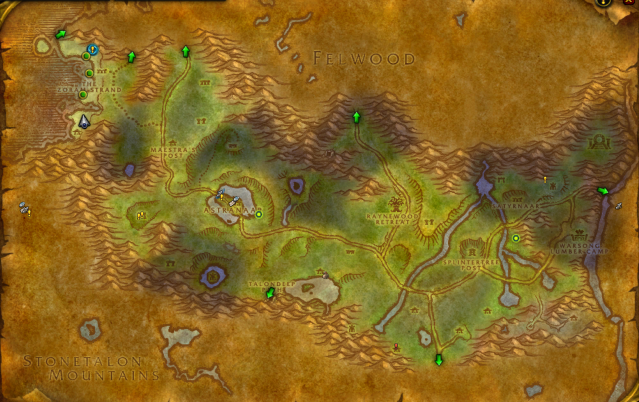 WoW map of the Zoram Strand with map markers for the Arcane Blast rune detailed and shown above