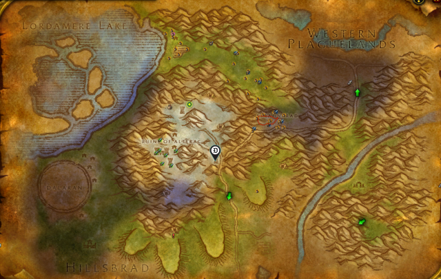 Map of the Alterac Mountains with the location of Defensive Magics 101 marked in WoW Classic