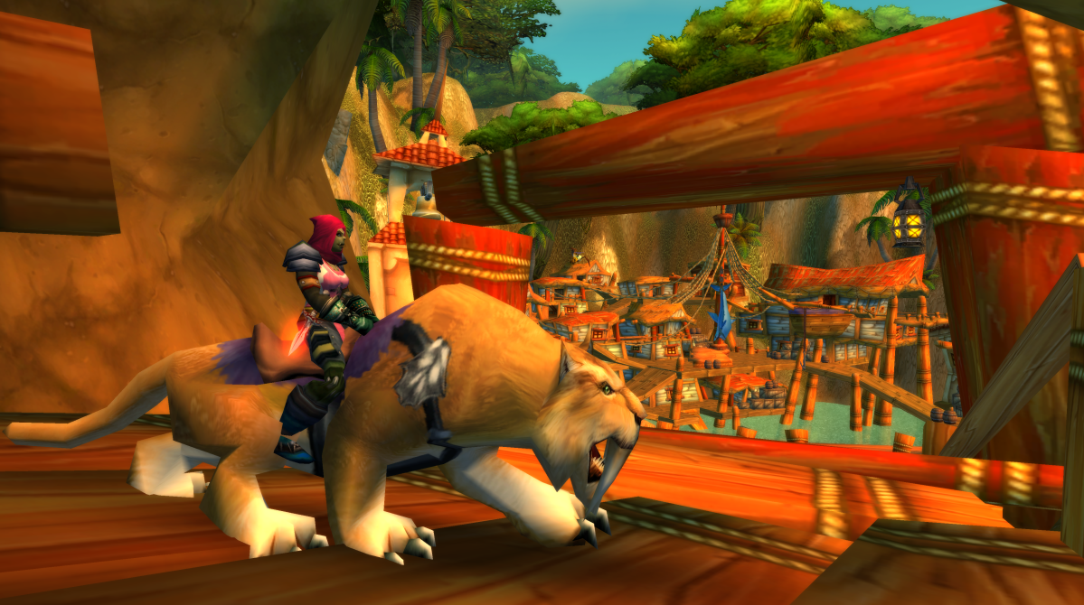 An Orc riding a Golden Sabercat mount in WoW Classic Season of Discovery in Stranglethorn Vale