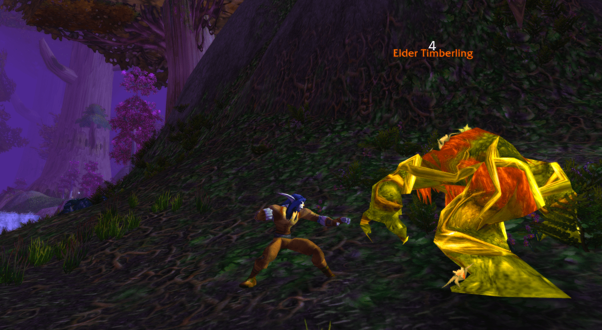 Night Elf punching a monster in WoW Classic with an unarmed strike