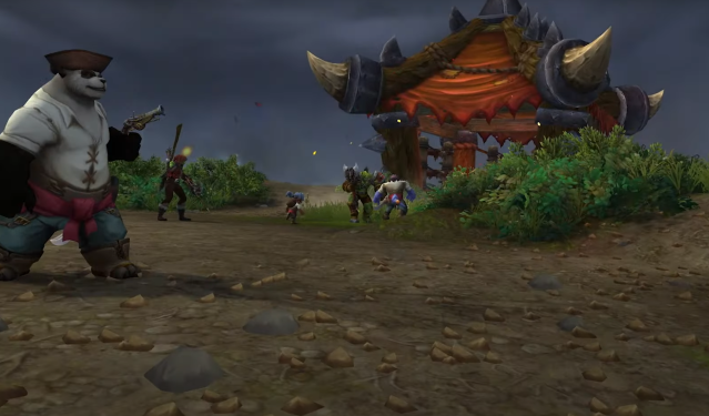 A Pandaren holding a gun in WoW Plunderstorm.