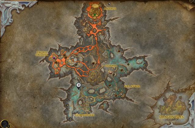 A WoW map of Zaralek Cavern featuring the turn in location for A Tower Yonder marked by a map marker