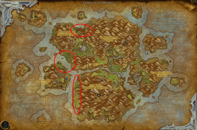 Irontide Stash locations spawn locations marked with red circles on  a WoW Dragonflight Forbidden Reach map