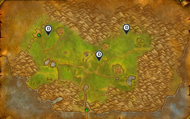 Map of the Arathi Highlands in WoW Classic with the circles of West, East, and Outer Binding marked by map markers