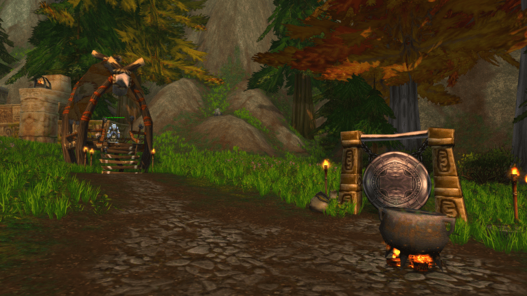 Bath'rah the Windwatcher's camp in WoW Classic -- the Troll and his Cauldron can be seen across the view of the image.