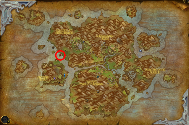 A map of the Forbidden Reach in WoW Dragonflight with a scroll location circled on the map