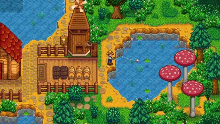 Image of a character in Stardew Valley fishing.