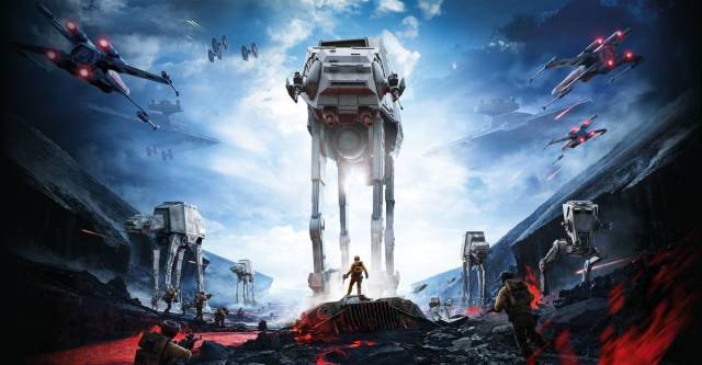 An AT-AT walker aims its guns at a Rebel soldier in Star Wars: Battlefront.