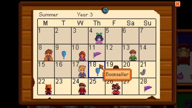 Bookseller schedule in Stardew Valley