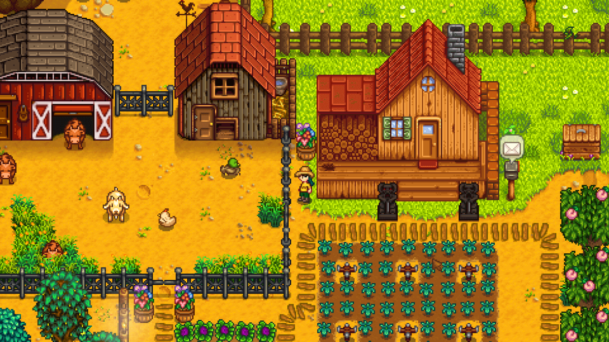 Picture of a Stardew Valley farm, featuring different animals