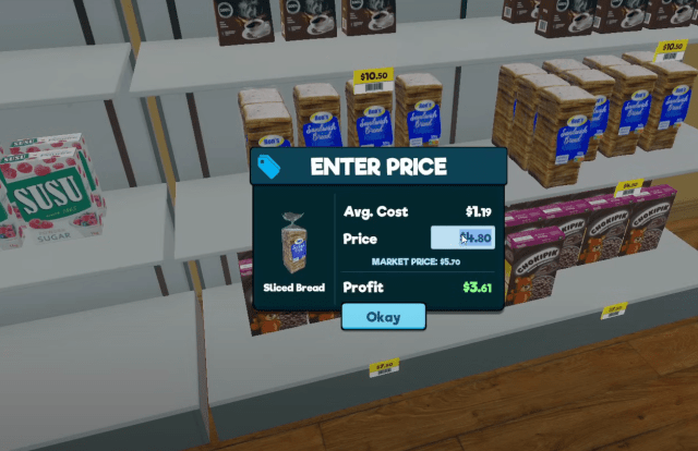 Image of the price menu in Supermarket Simulator.