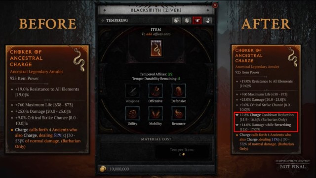 Before and after affixes for a tempered item in Diablo 4 season 4