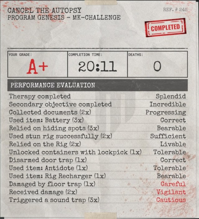 A+ grade report card in The Outlast Trials.