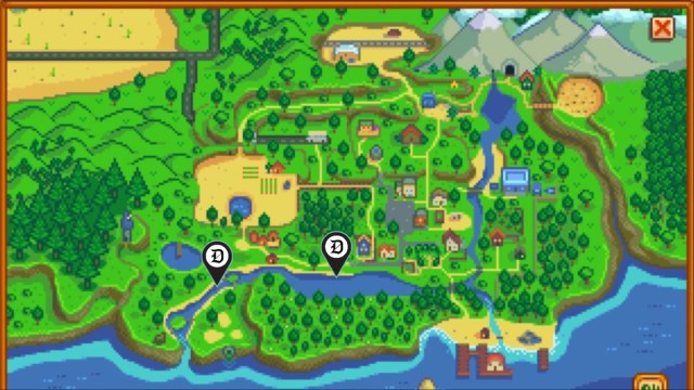 A snap of the Stardew Valley map marking two possible locations for fishing Tiger Trouts