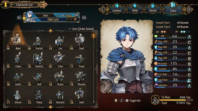 The stat screen for Prince Alain in Unicorn Overlord.