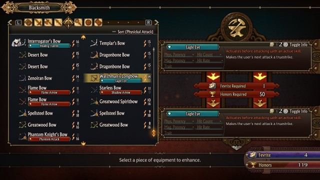 The UI for the blacksmith in Last Epoch, upgrading a weapon but not adjusting its skill.