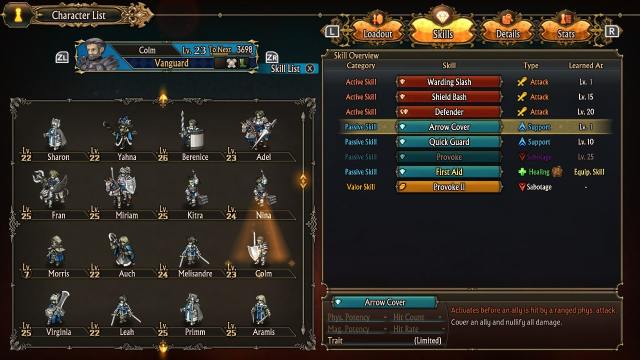 The skills of the Vanguard Colm in Unicorn Overlord on the game's unit selection screen.