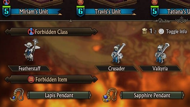 The forbidden classes and items in Unicorn Overlord, including the Featherstaff, Crusader, Valkyria, and blue pendants.