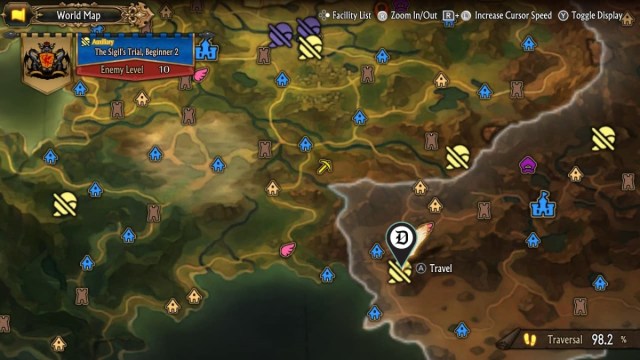 The location of the Beginner 2 difficulty Sigil Trial in Unicorn Overlord, on the game's map.